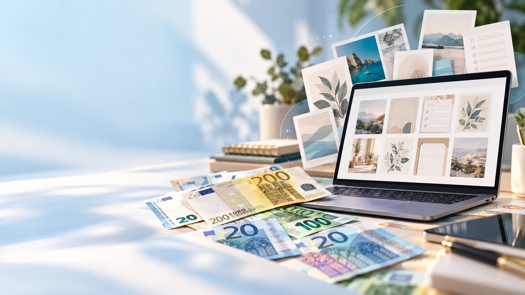 Ordinateur portable affichant une boutique Etsy remplie de planners imprimables et de modèles, à côté d'une tasse de café, d'un carnet, de billets et de pièces