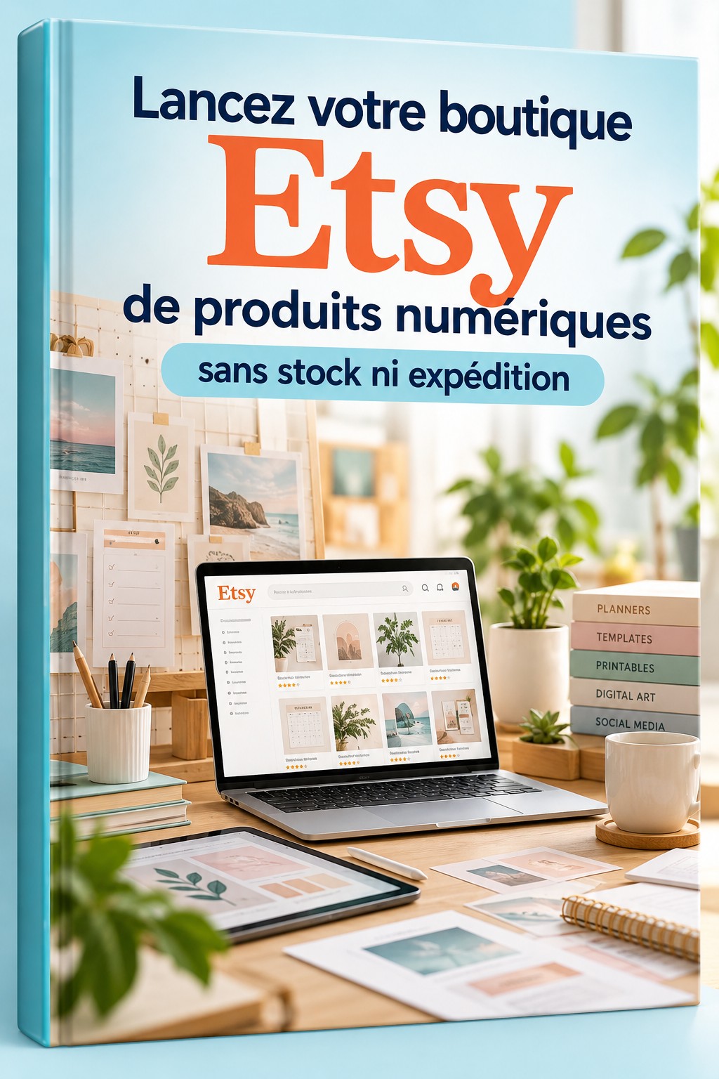 Couverture d'ebook montrant un ordinateur portable avec une boutique Etsy de planners imprimables, des icônes de types de fichiers et une tablette sur un bureau