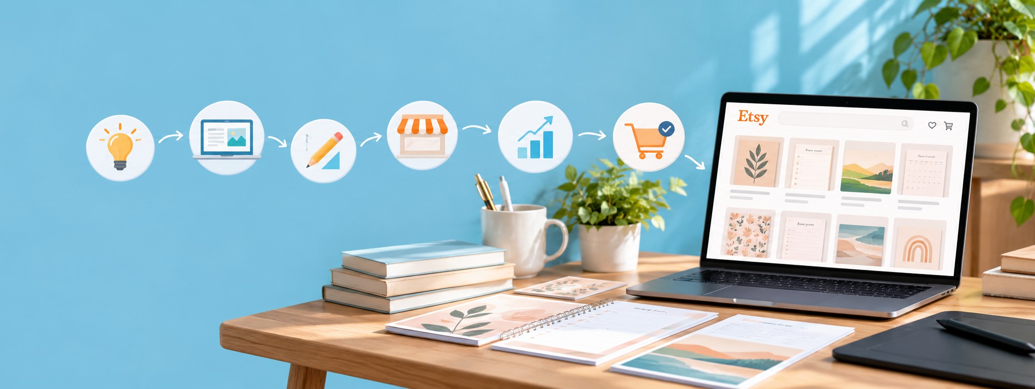 Gagner de l'argent sur Etsy avec des produits numériques : un ordinateur portable affichant une boutique Etsy de planners et de fichiers imprimables sur un bureau bien rangé