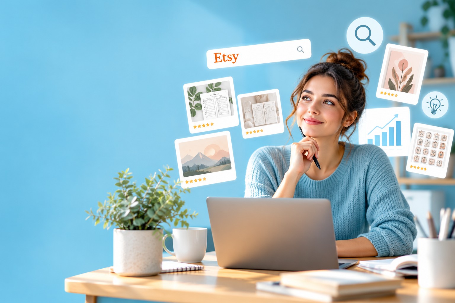 Femme réfléchissant à sa niche sur un tableau blanc, avec des exemples de recherches Etsy comme planner budget, affiches murales et suivi d'habitudes