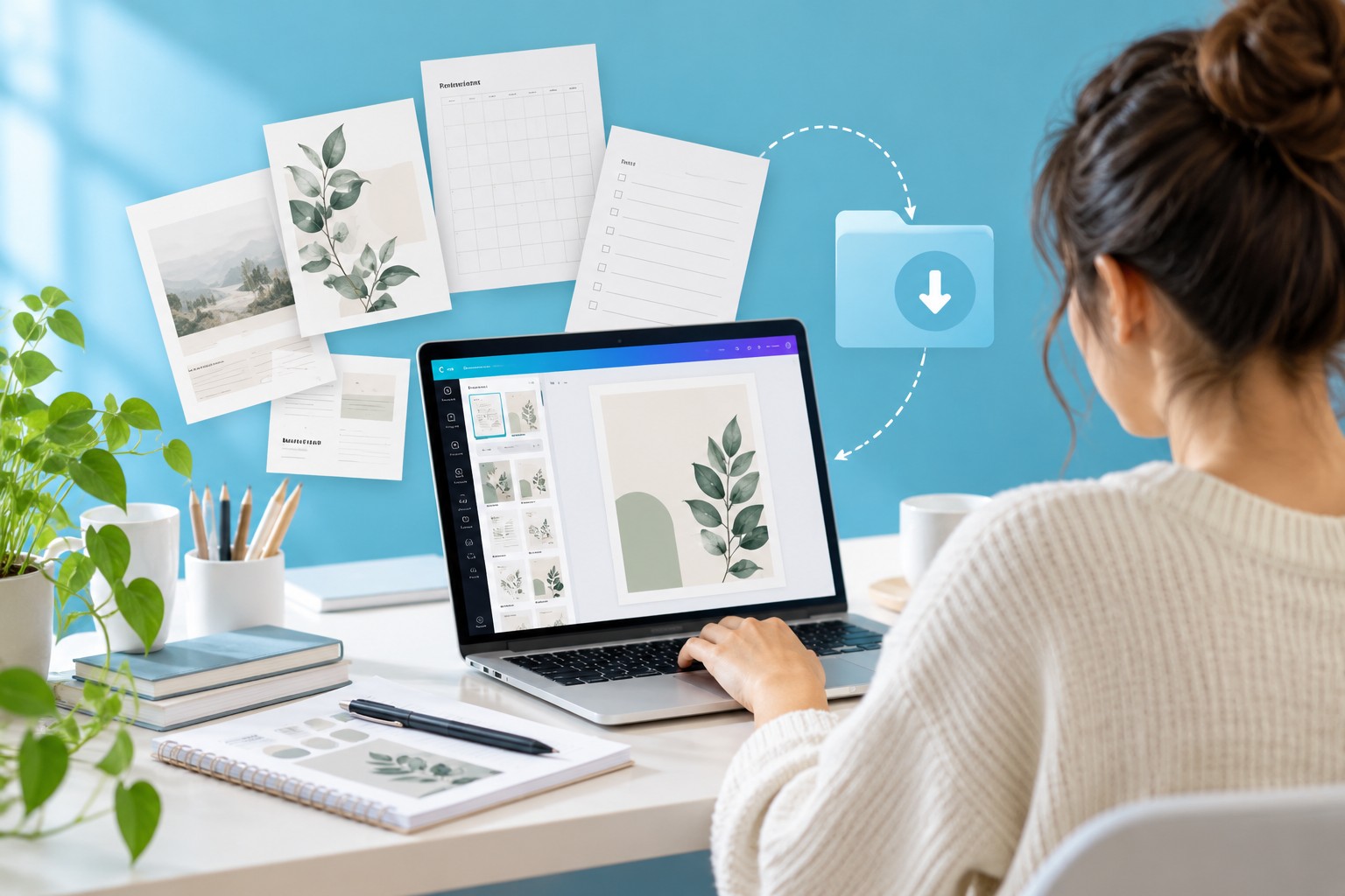Icônes de Canva, Notion, Procreate et Google Sheets menant à un visuel sur un ordinateur portable, avec des options d'export PDF, PNG et lien