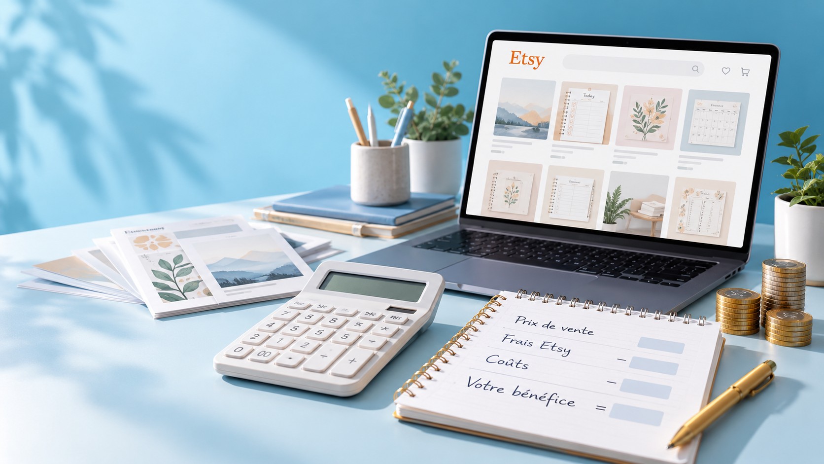 Carnet montrant le détail des frais et du bénéfice, à côté d'une calculatrice et d'un ordinateur portable affichant une annonce Etsy